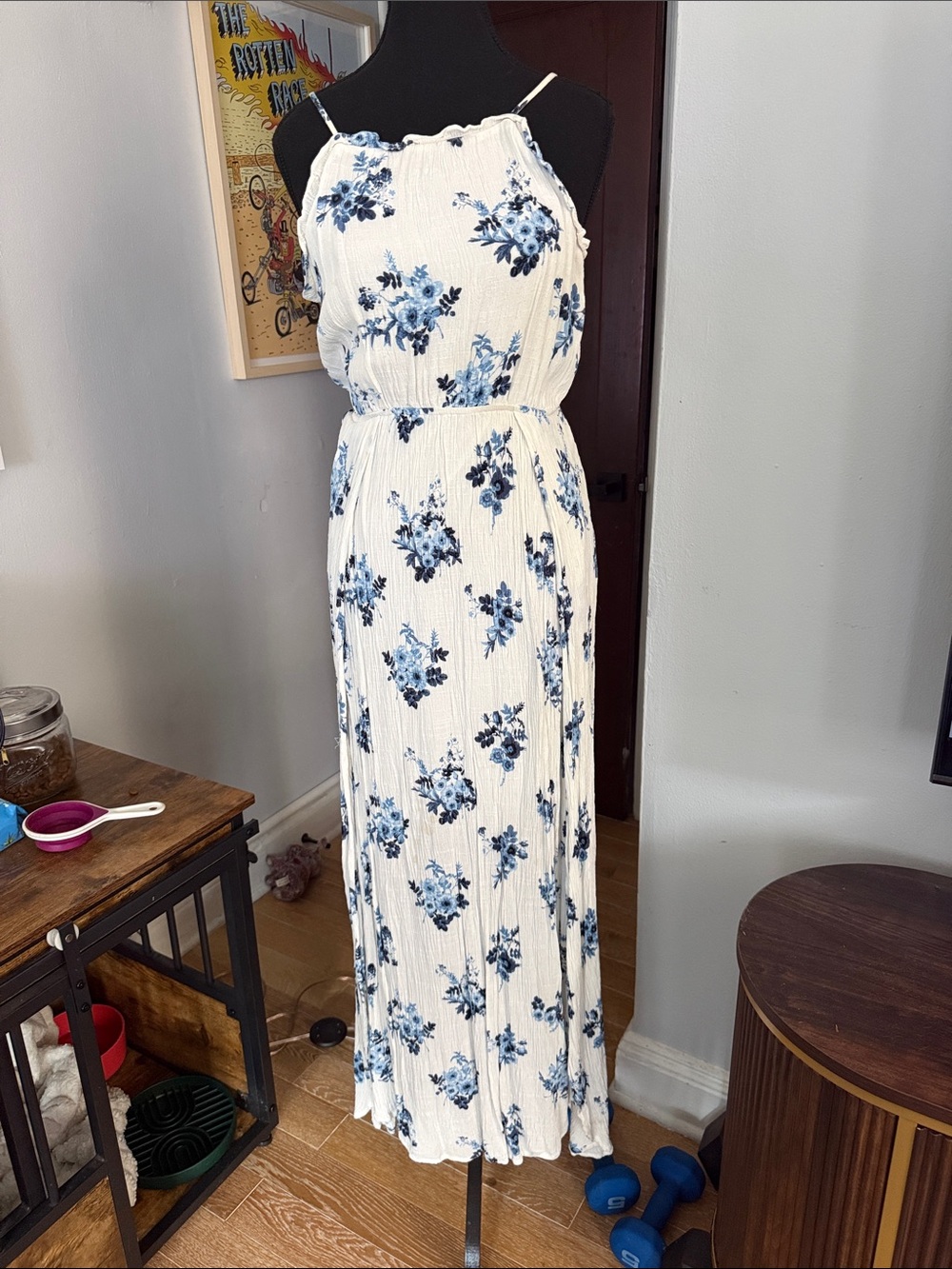 Moon River White Maxi Dress with Blue Floral Print